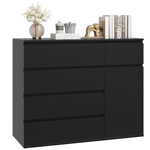 FOREHILL Commode Chambre Adulte Commode 5 Tiroirs et 1 Porte Commode Noire Chiffonnier Rangement pour Salon Couloir Armoire à Tiroirs 100x40x80cm
