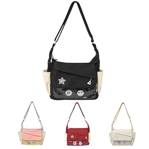 Bolsa tiracolo Y2k Star Ita Messenger para mulheres, linda bolsa de exibição de alfinetes de anime japonês para cosplay bolsa de ombro, Preto, 13.3*x10.6x4.7inch