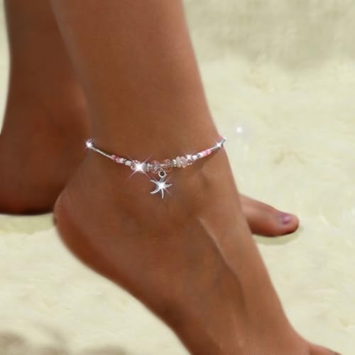 Wedity Perlenarmband mit Seestern-Anhänger, rosa und klare Perlen, Strandzubehör