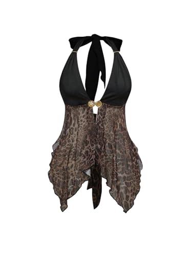 Women's Y2k Cheetah Print Sequin Halter Tops Leopard Tie Back Metal Crop Corset Sleeveless Party Rave Outfits