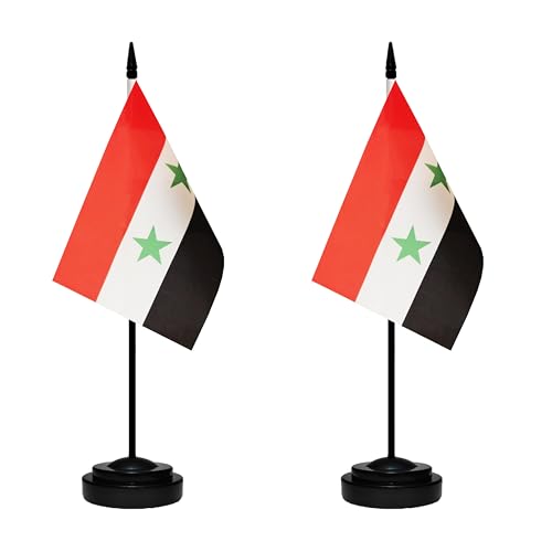Syria Syrian Small Mini Desk Flag Set Miniature Syria Syrian Table Office Flag with 13" Black Pole, Black Base, Miniature Syria Deluxe Desktop Flag(2 Pack)