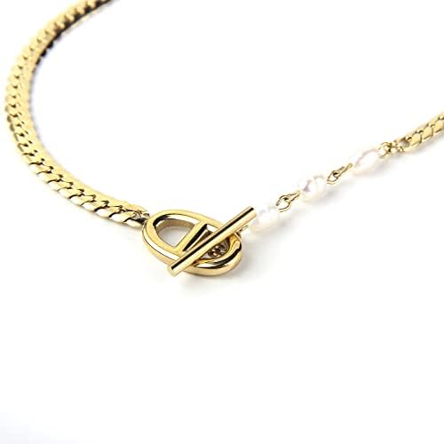 DASIQI Necklaces for Women Girls Double D Letters Freshwater Pearl Splicing OT Toggle Clasps 15" Flat Chain (Gold, Stainless Steel)