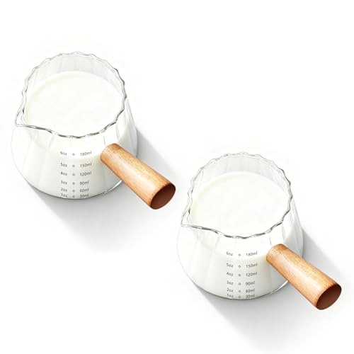 YARRAMATE 2 Pack 6 oz/180ML Glass Measuring Cup with Wooden Handle – Espresso Shot Cups, Ribbed Milk Frothing Pitcher, Dual Scale Markings, V-Shaped Mouth for Easy Pouring, Dishwasher Safe