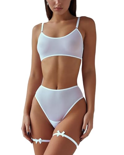 Ensemble de lingerie en résille pour femme avec soutien-gorge, string et porte-jarretelles, ensemble de lingerie sexy transparent, set soutien-gorge push-up...