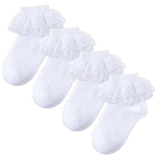 ANGUYA Chaussettes en coton à cheville avec volants en dentelle Chaussettes coupées à cheville pour filles de à 1 à 13 ans, 4 paires (Couleur-2, M) Cover