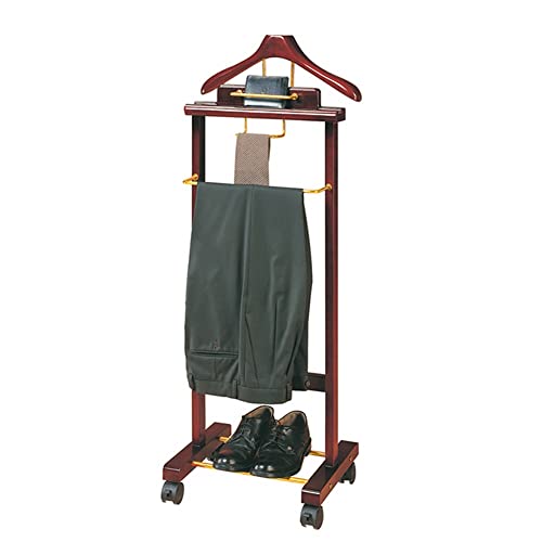 Soporte de madera rodante para trajes para hombre, perchero con colgador superior, soporte para pantalones, gancho para cinturón y zapatos, elegante organizador de armario con ruedas