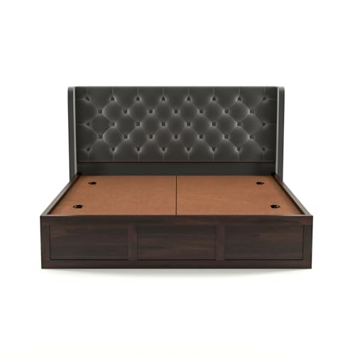Image of Solid Sheesham Wood King Size Bed with Storage | Wooden Double Bed Cot Bed with Box Storage & Velvet Upholstered Cushioned Headboard for Bedroom (Walnut C, King)