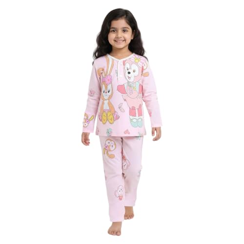 Image of Hopscotch Girls Viscose Blend All-Over Print Top and Pajama Set in Peach Color