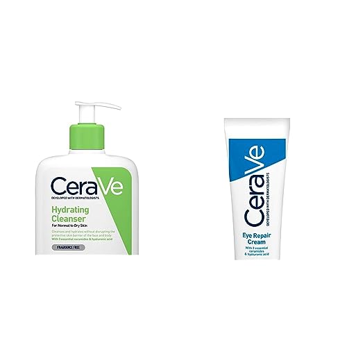 CeraVe Hydrating Cleanser for Normal to Dry Skin 473ml with Hyaluronic Acid & 3 Essential Ceramides & Eye Repair Cream for Dark Circles & Puffiness 14ml with Hyaluronic Acid and 3 Essential Ceramides