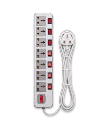 Image of 7 Socket Universal Extension Board with Individual Switches | Heavy Duty Power Strip with Master Switch | Multi Plug Extension Cord for Home, Office, Computer, TV & Appliances