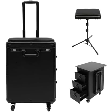 UIdili Portable 2 in 1 Tattoo Work Station, Manicure Embroidery Hairdressing Tattoo Travel Case, Beauty Salon Tattoo Station Suitcase with Lock, Rolling Makeup Trolley Case with 3 Drawers Cover