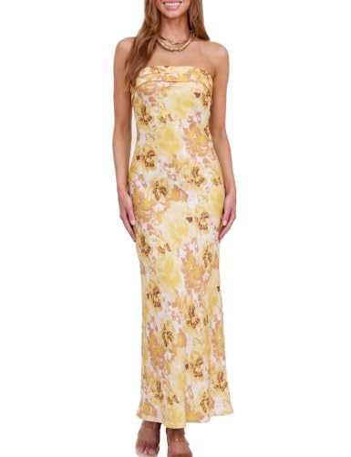 Image of Realtix Summer Satin Strapless Backless Maxi Dress for Women Wedding Guest