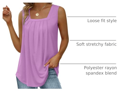 Image of Saloogoe Summer Tank Tops for Women Loose Fit Pleated Square Neck Sleeveless Tops Curved Hem Flowy