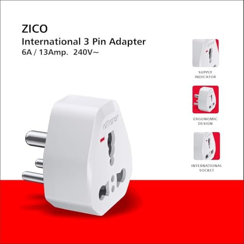 Image of Elleys Zico 3 pin Socket US Converter for India (USA, UK, China) Australia to India Plug Converter - Type D Plug Adapter 6A / 13amp - 240V 2pin 3pin Socket Travel Adapter for Home, Office - 4 Pcs