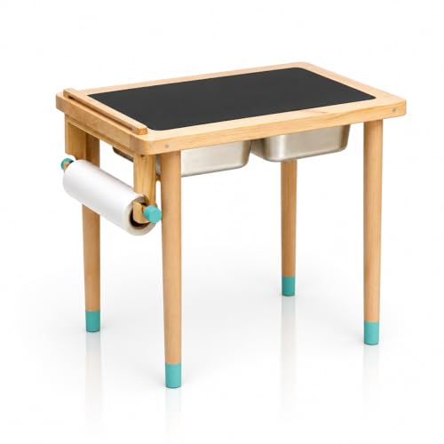 Image of Ariro Montessori Sensory Play Table for Toddlers with 2 Stainless Steel Bins - Flisat Wooden Messy Activity Table with Blackboard Lid for Water, Sand & Art Play - Ideal for Home, Children (Blue)