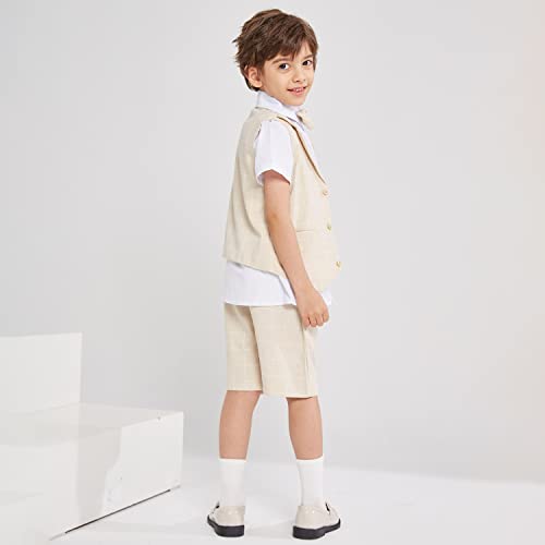 Summer Boys Suit Dress Clothes Kids Wedding Ring Bearer Outfit 4Pcs Shirt Vest Shorts Set(Khaki,8) #TOP6