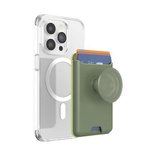 Image of PopSockets Phone Wallet with Expanding Grip and Adapter Ring for MagSafe, Phone Card Holder, Wireless Charging Compatible, Wallet Compatible with MagSafe, Vegan Leather - Eucalyptus