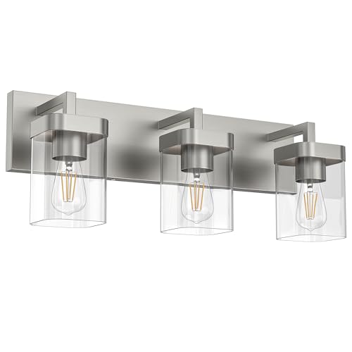 Image of 3-Light Bathroom Light Fixtures, Brushed Nickel Vanity Lights for Bathroom, Kitchen, Living Room, Modern Bathroom Vanity Lights with Clear Glass Shades