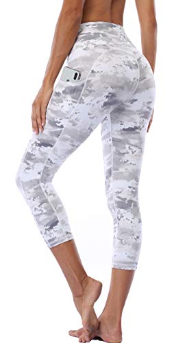 Oalka Women s Yoga Capris Running Pants Workout Leggings Outside Pockets Ice Flake Beige XL