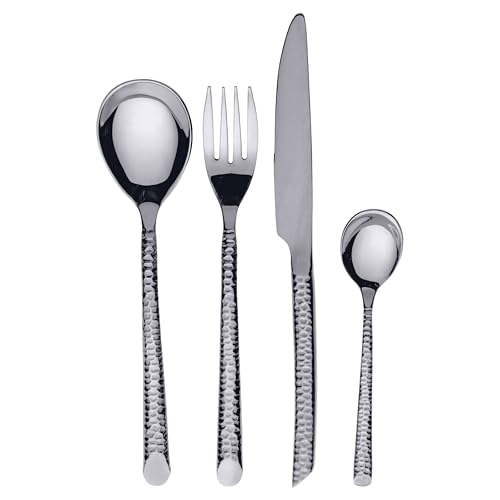 Lot de 24 couverts en acier inoxydable poli, poignée effet martelé, argent, Malindi