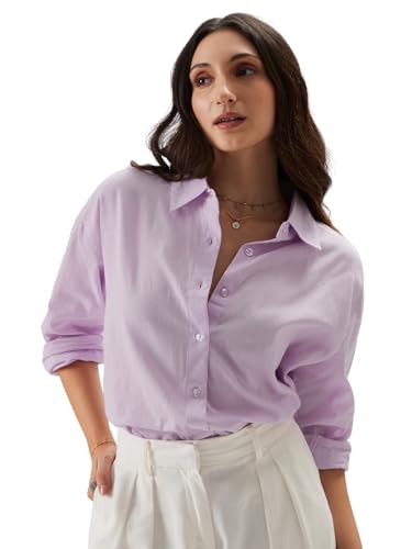Image of The Souled Store Solids: Lavender Women and Girls Loose fit Full Sleeve Cotton and Linen Lavender Color Women Boyfriend Shirts