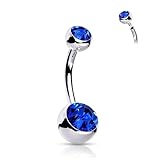 FIFTH CUE 14G Solid G23 Implant Grade Titanium INTERNALLY THREADED Double Jeweled Naval Belly Ring (BLUE - 1/2