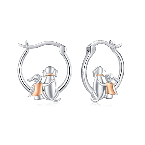 Pendientes de aro de plata 925 con diseño de niña y perro fiel