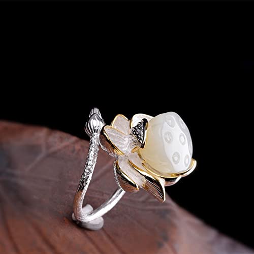 Bague en argent sterling et jade Hetian naturel : lotus artisanal style rétro - 5