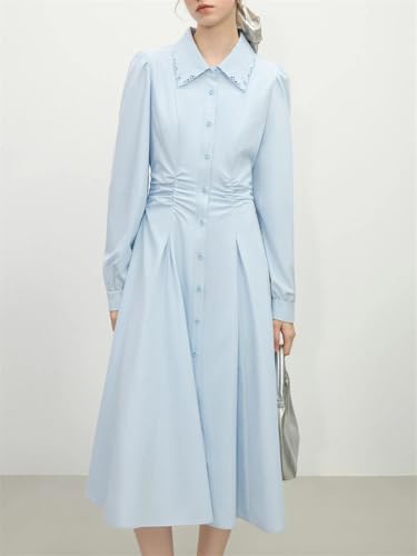 Solid Color Pleated Waist Shirt Dress Lapel Long Sleeve Women's Casual Dress2