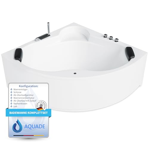 AQUADE Acryl Eckbadewanne 140x140 Komplettset Modell: Essen mit Ab-Überlauf-Garnitur + Wannenrandarmatur + Nackenkissen + LED/Konfigurieren Sie Ihre Wanne - Hergеstellt in Dеutschland