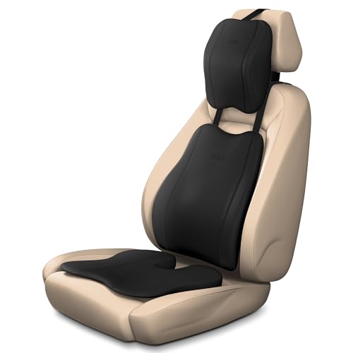 Image of Frido Premium Car Comfort Bundle with Memory Foam Neck Rest, Lumbar Backrest and Wedge Seat Cushion Set of 3, Ergonomic Neck Back and Tailbone Support for Long Drives and Daily Commutes | Black