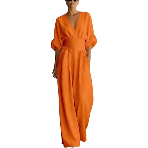 Jumpsuit femme chic col V manches chauve-souris et pantalon large été