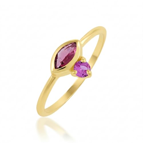 AZURFA Élégante bague solitaire marquise et saphir rose rond en finition plaqué or jaune avec pierres à facettes 2,5 x 5 mm et 2 mm, K 1/2, Gemme, Saphir...