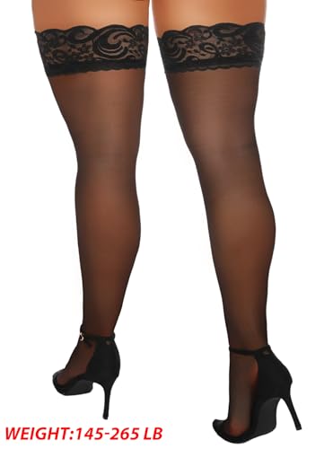 Image of Aranmei Women's Sexy Lace Top Thigh High Stockings Sheer Hosiery with Anti-Slip Silicone Band, Pantyhose Black Plus
