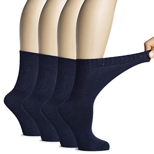 Image of Hugh Ugoli Women's Soft Bamboo Diabetic Crew Socks, Wide, Loose Fit & Thin Socks with Seamless Toe & Non-Binding Top, 4 Pairs