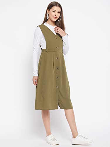Image of WineRed Women Soild Pinafore Dress with Button