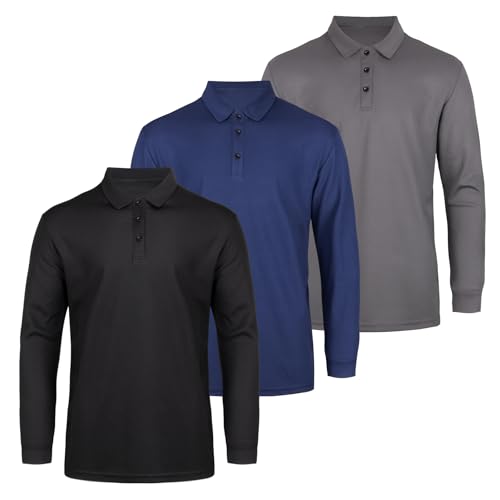 AMZSPORT 3 Pack Mens Polo Shirt Breathable Long Sleeve Shirt Golf Casual Sport Top with 3 Button for Work and Outdoor,Black Grey Blue L
