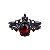SARIKA_ENTERPRISE Gothic Black Ring Set Oval Lab Created Red Garnet Crown Design, Women's Wedding Bridal Ring Set For Her 925 Sterling Silver With 14K Black Rhodium (6)