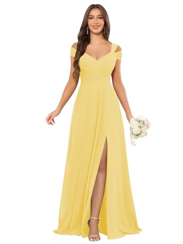 Image of petyoo Off Shoulder Chiffon Bridesmaid Dresses with Slit Long Formal Evening Dress
