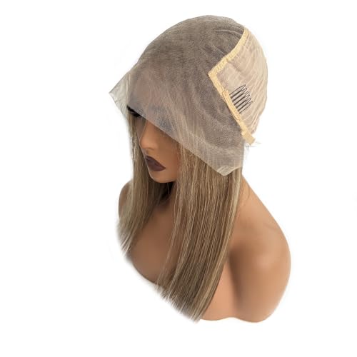 Image of Ombre Brown Highlights Human Hair Lace Front Wig for White Women Balayage Lace Frontal Pre Plucked Glueless Wigs with Brown Roots 22 Inch 13x6 Deep Parting Real Remy Wig 180% Density Tiny Knots