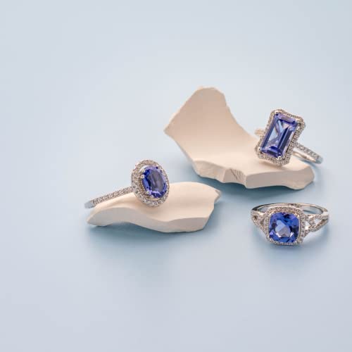 PEORA Simulated Tanzanite Ring for Women 925 Sterling Silver Double Halo, 3 Carats Cushion Cut 8mm, Comfort Fit, Sizes 5 to 94