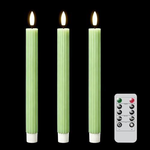 Image of Green Flameless Flickering Taper Candles Battery Operated with Remote and Timer, 3D Wick Real Wax Vertical Stripe LED Candlesticks Spring Dinner Wedding Home Decor(3 Pack, 0.79 inch D x 9.8 inch H)