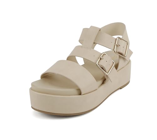 Image of Soda inchSTELLAR inch ~ Women Flatform Multi Strap Double Buckle Open Toe Ankle Strap Platform Wedge Sandals