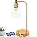 Gold Industrial Table Lamp with 2 USB Ports, Elizabeth Vintage Desk Lamp with Glass Shade, Stepless Dimmable Bedside Reading Lamp for Bedroom Living Room Office, LED Nightstand Lamp with E26 Bulb