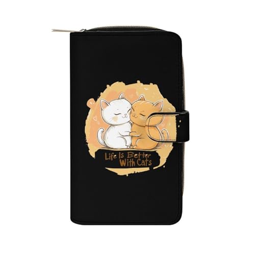 Life Is Better With Cats Women's Long Wallets Leather Card Holder Purse Zippered Buckle Clutch Handbag