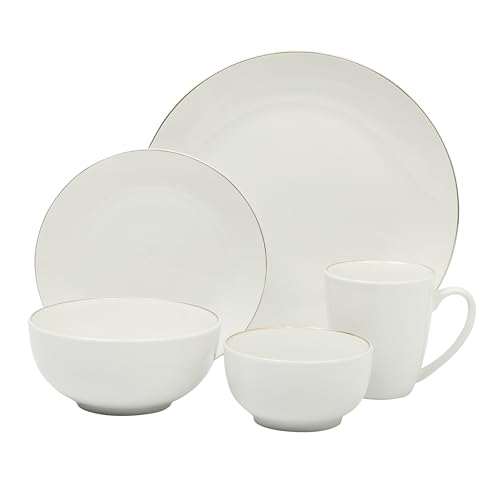 Image of Gibson Home Ogalla 30 Piece Plates, Bowls, & Mugs Dinnerware Set - Service for 6 - White Porcelain W /Gold Band