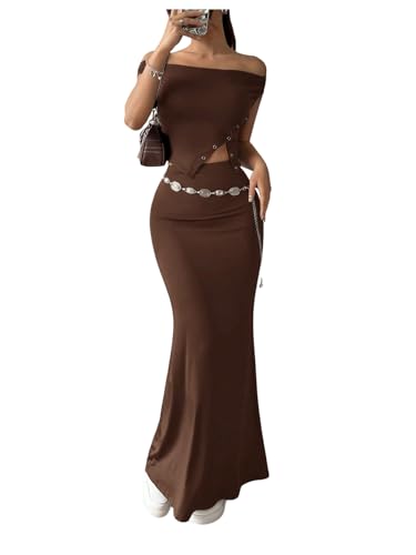 OYOANGLE Women's 2 Piece Skirt Set Off the Shoulder Ruched Crop Top Long Fishtail Skirt Going Out Outfits Brown Small