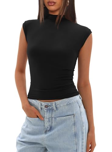 Darong Women's Summer Tops Cap Sleeve Side Ruched Going Out Top Mock Neck Slim Fitted Cute Shirts Y2K Tee