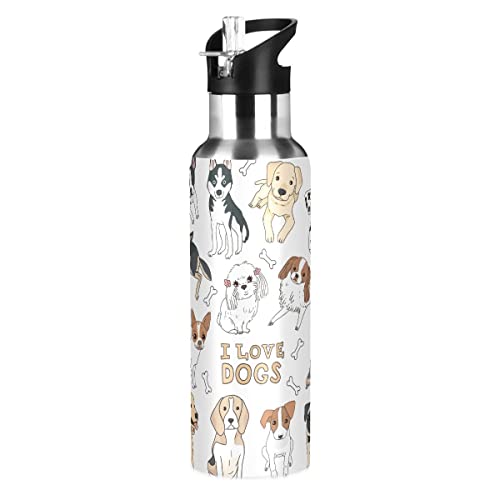 Water Bottle With Straw Love Dog Puppy Lid Thermos Boys Insulated Stainless Steel Water Flask Sports, 20 Oz Hot Cold #TOP29