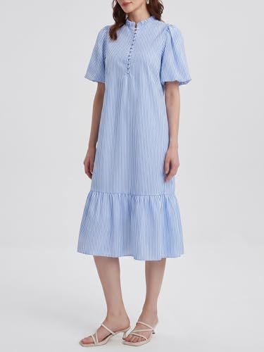 Image of Summer Floral Midi Dress for Women Spring Puff Short Sleeve Button Down Flowy Boho Dresses